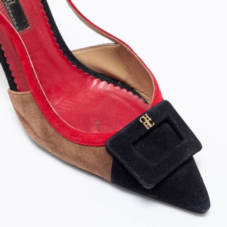 Pre Owned CH Carolina Herrera Black Multicolor Suede Slingback Sandals Size 40