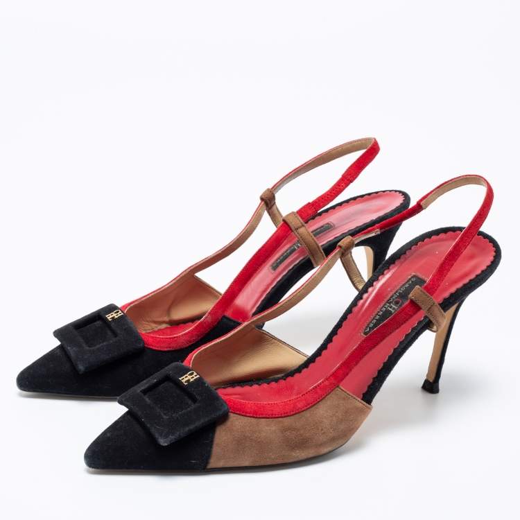 Pre Owned CH Carolina Herrera Black Multicolor Suede Slingback Sandals Size 40