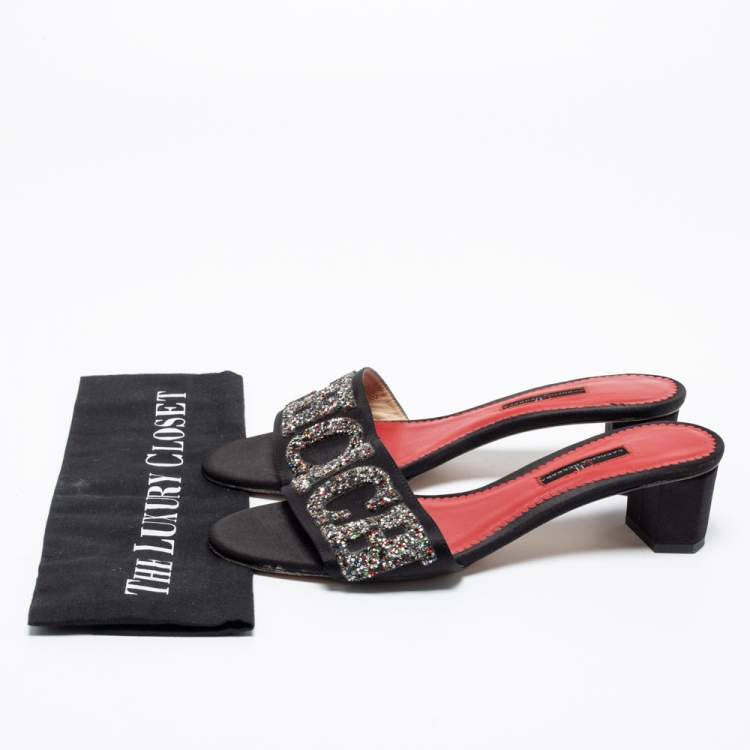 Pre Owned CH Carolina Herrera Black Satin And Glitter Slide Sandals Size 38