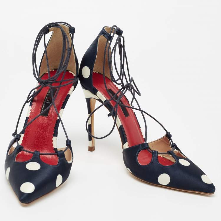 Pre Owned CH Carolina Herrera Navy Blue/White  Satin Polka Dot D'orsay Pumps Size 39