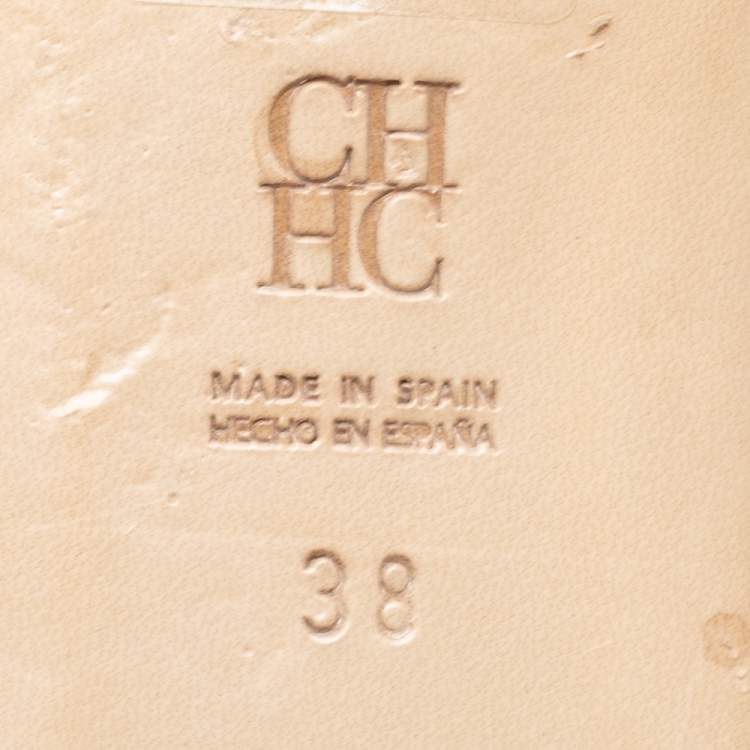 Pre Owned CH Carolina Herrera Dark Brown Monogram Embossed Leather Traveller Locked Flat Slides Size 38
