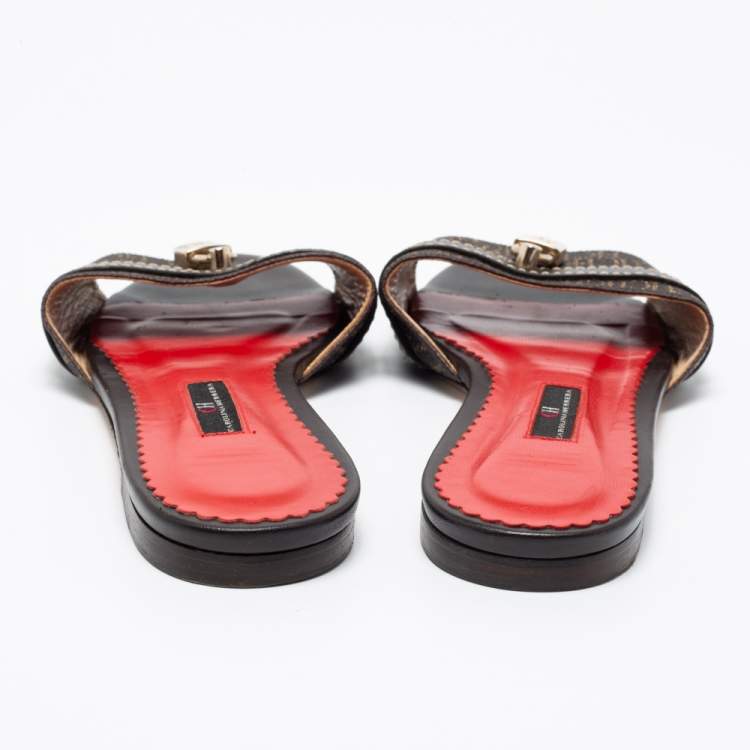 Pre Owned CH Carolina Herrera Dark Brown Monogram Embossed Leather Traveller Locked Flat Slides Size 38