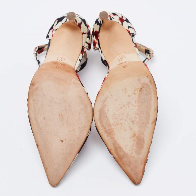 Pre Owned CH Carolina Herrera Tri Color Floral Print Satin Ankle Strap Pumps Size 37