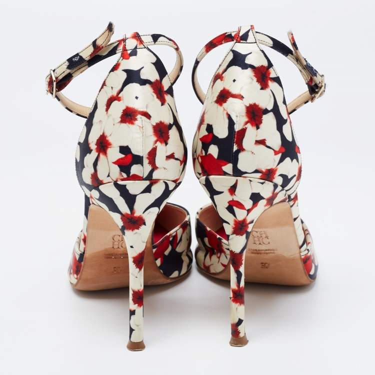 Pre Owned CH Carolina Herrera Tri Color Floral Print Satin Ankle Strap Pumps Size 37