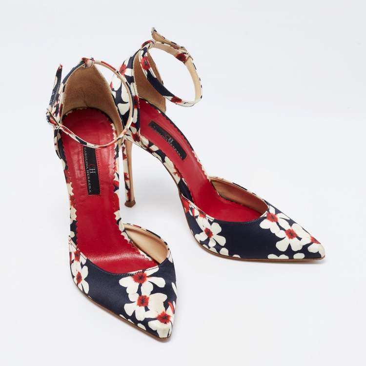 Pre Owned CH Carolina Herrera Tri Color Floral Print Satin Ankle Strap Pumps Size 37