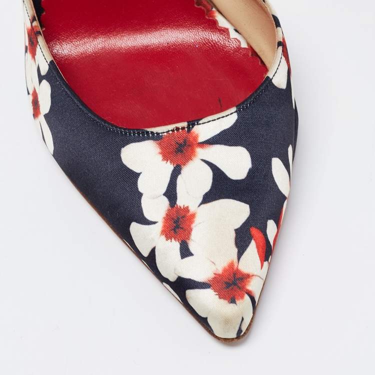 Pre Owned CH Carolina Herrera Tri Color Floral Print Satin Ankle Strap Pumps Size 37