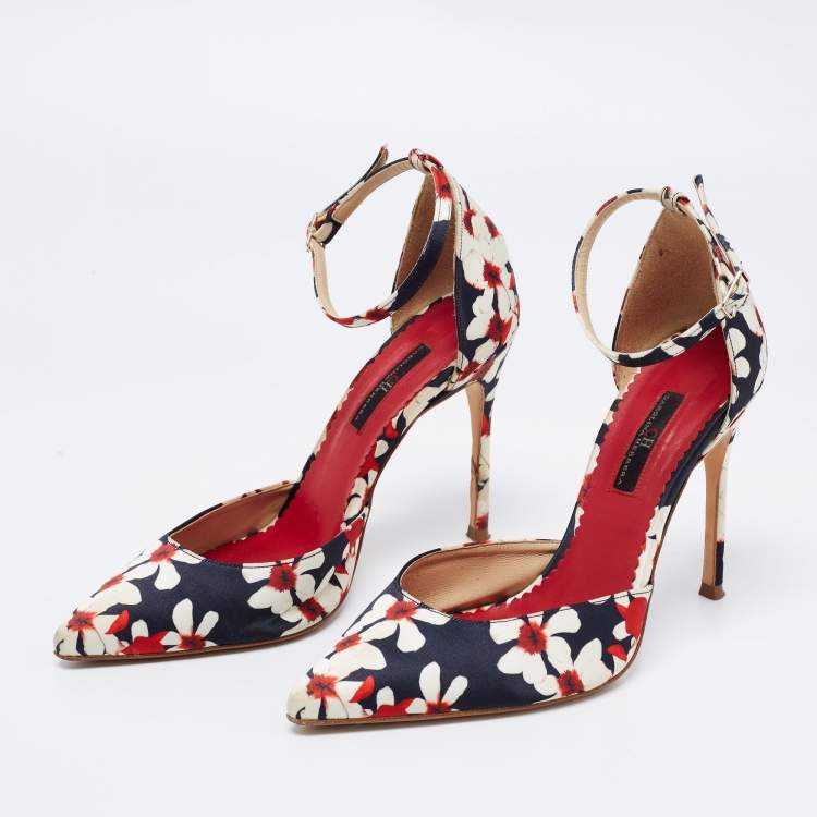 Pre Owned CH Carolina Herrera Tri Color Floral Print Satin Ankle Strap Pumps Size 37