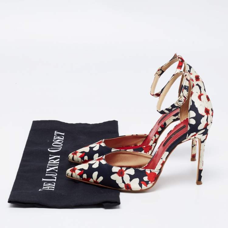 Pre Owned CH Carolina Herrera Tri Color Floral Print Satin Ankle Strap Pumps Size 37