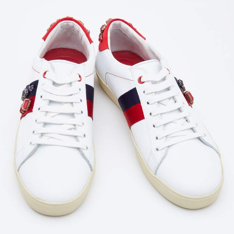 Pre Owned Carolina Herrera White Leather Crystal Embellished Low Top Sneakers Size 39