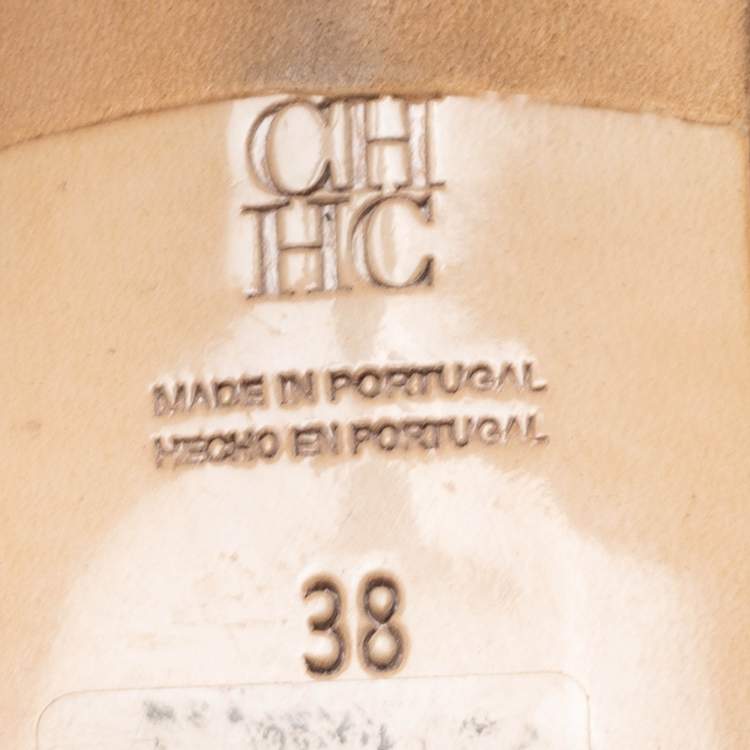 Pre Owned CH Carolina Herrera White/Yellow Leather And Canvas Logo Slingback Pumps Size 38
