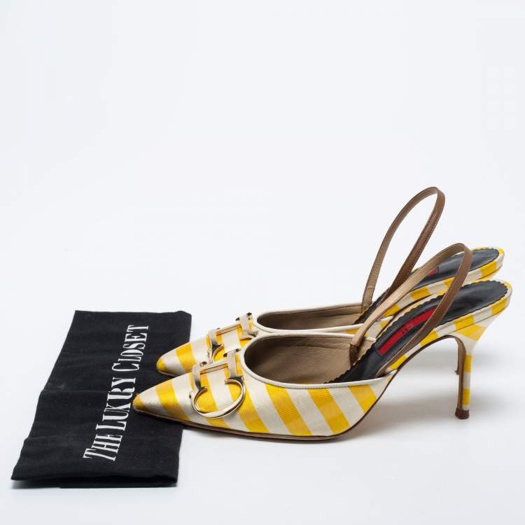 Pre Owned CH Carolina Herrera White/Yellow Leather And Canvas Logo Slingback Pumps Size 38