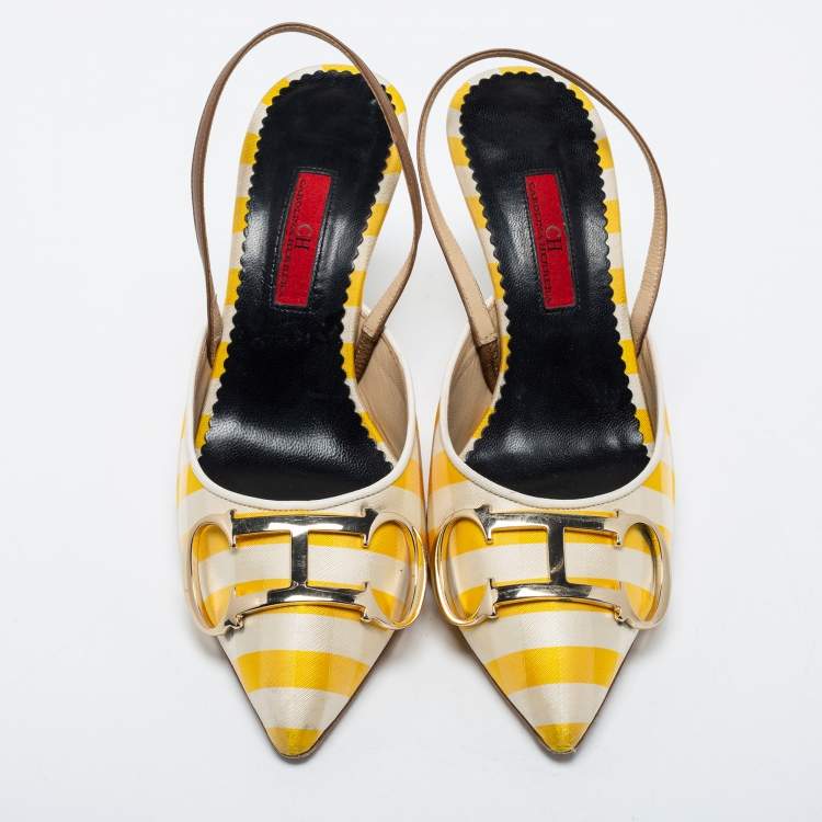 Pre Owned CH Carolina Herrera White/Yellow Leather And Canvas Logo Slingback Pumps Size 38