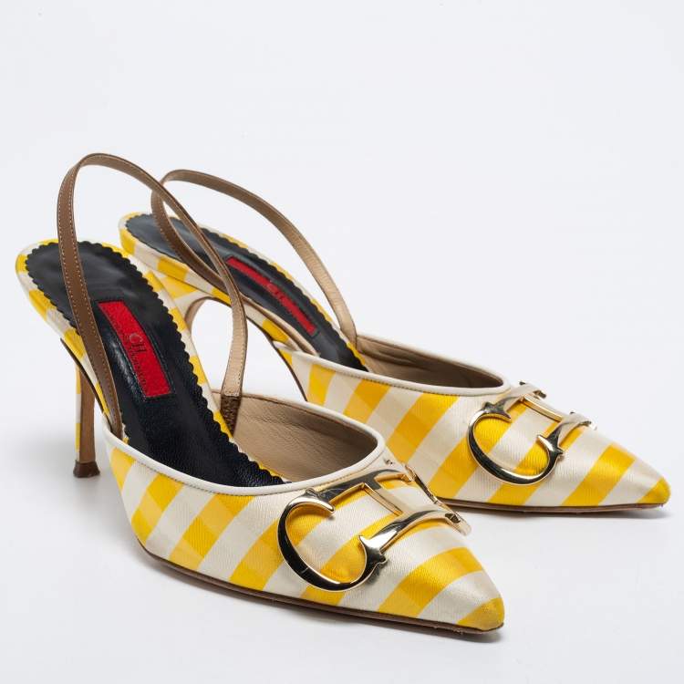 Pre Owned CH Carolina Herrera White/Yellow Leather And Canvas Logo Slingback Pumps Size 38