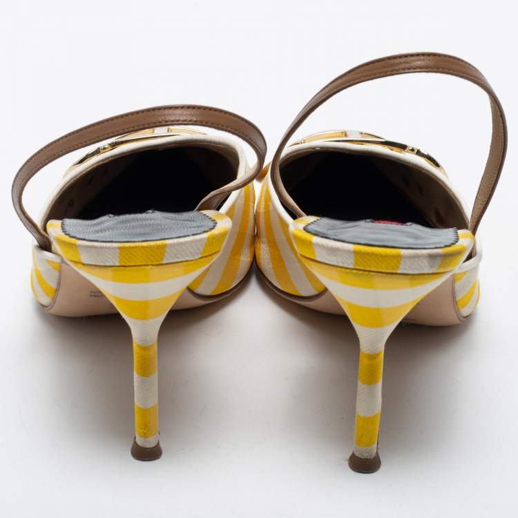 Pre Owned CH Carolina Herrera White/Yellow Leather And Canvas Logo Slingback Pumps Size 38