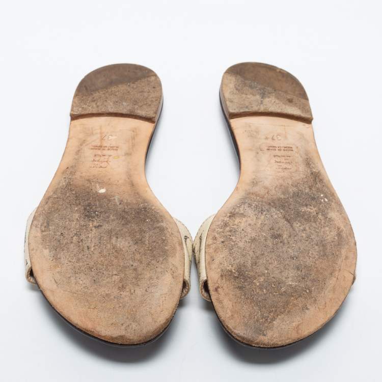 Pre Owned Carolina White/Brown Canvas Herrera Flat Slides Size 37