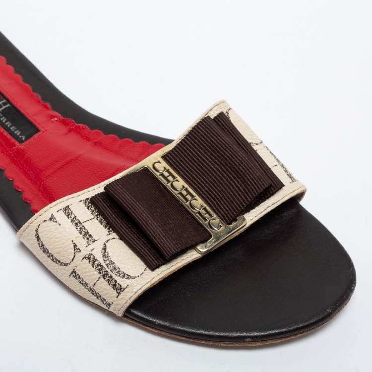 Pre Owned Carolina White/Brown Canvas Herrera Flat Slides Size 37