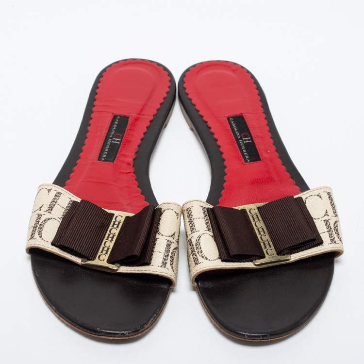 Pre Owned Carolina White/Brown Canvas Herrera Flat Slides Size 37