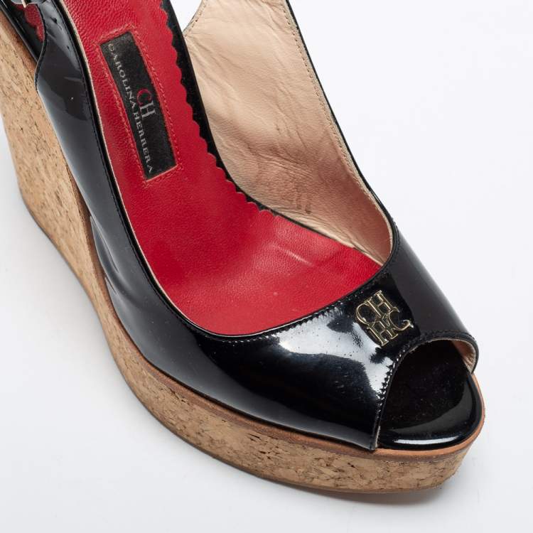 Pre Owned  CH Carolina Herrera Black Patent Leather Wedge Sandals Size 37