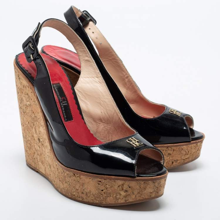 Pre Owned  CH Carolina Herrera Black Patent Leather Wedge Sandals Size 37