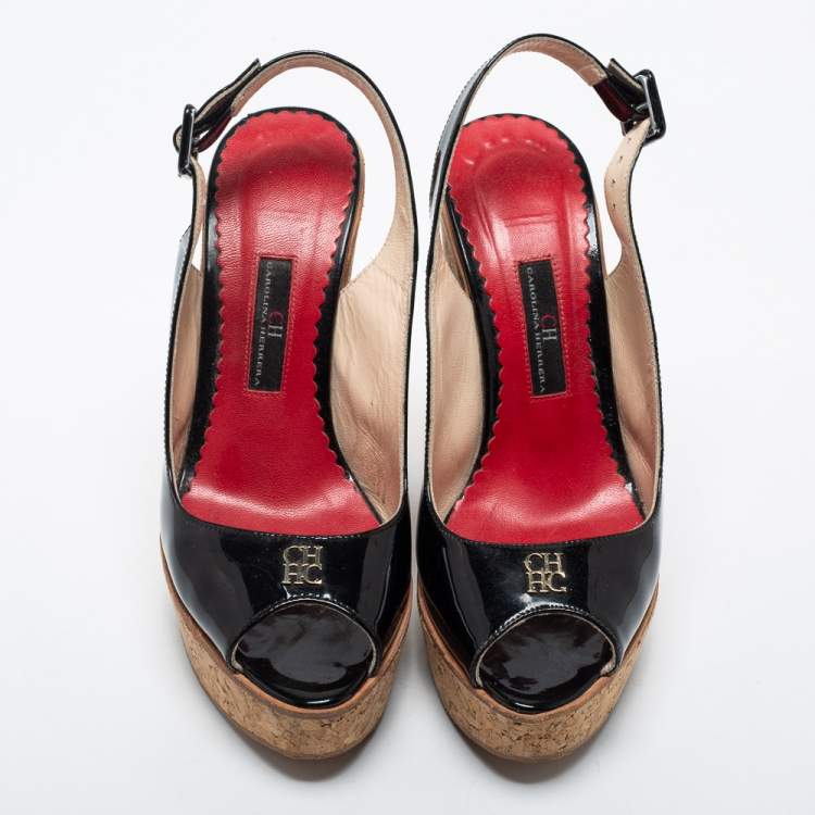Pre Owned  CH Carolina Herrera Black Patent Leather Wedge Sandals Size 37