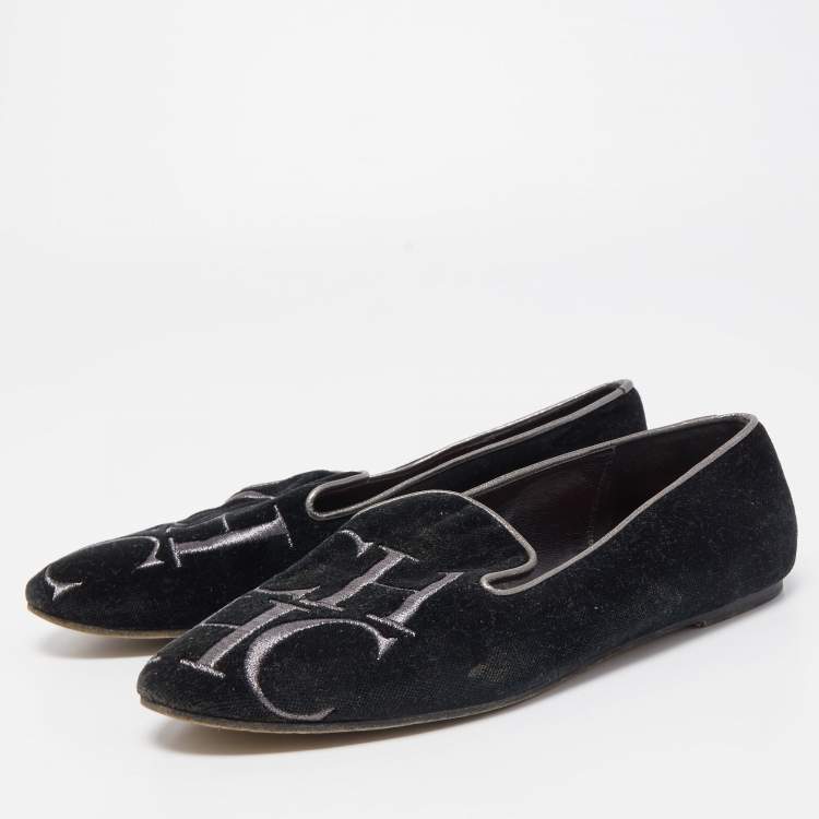 Pre Owned Carolina Herrera Black Suede Smoking Slipper  Size 37