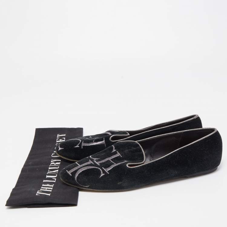 Pre Owned Carolina Herrera Black Suede Smoking Slipper  Size 37
