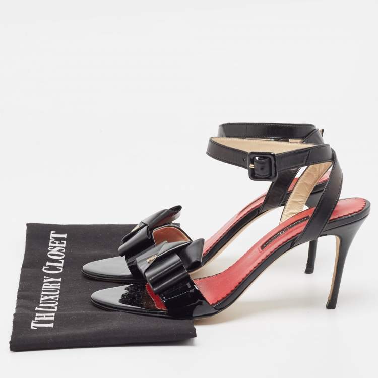 Pre Owned Carolina Herrera Black/Red Patent and Leather Bow Ankle Strap Sandals Size 39