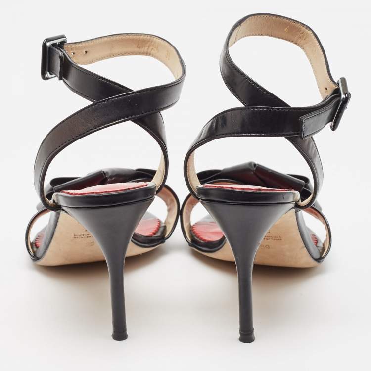 Pre Owned Carolina Herrera Black/Red Patent and Leather Bow Ankle Strap Sandals Size 39