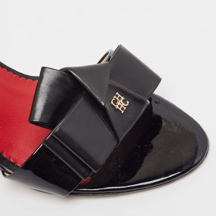 Pre Owned Carolina Herrera Black/Red Patent and Leather Bow Ankle Strap Sandals Size 39
