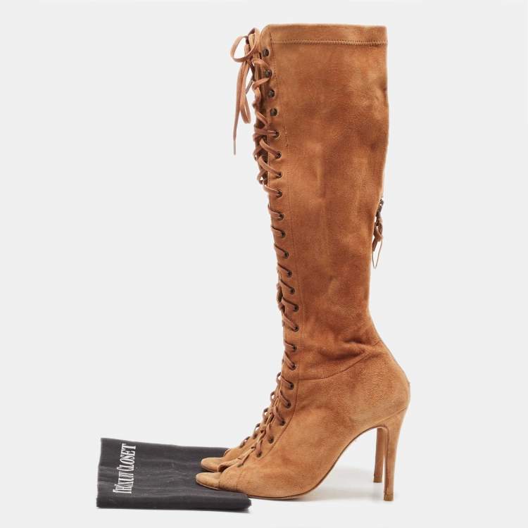 Pre Owned Carolina Herrera Tan Suede Lace Up Peep Toe Mid Calf Boots Size 38