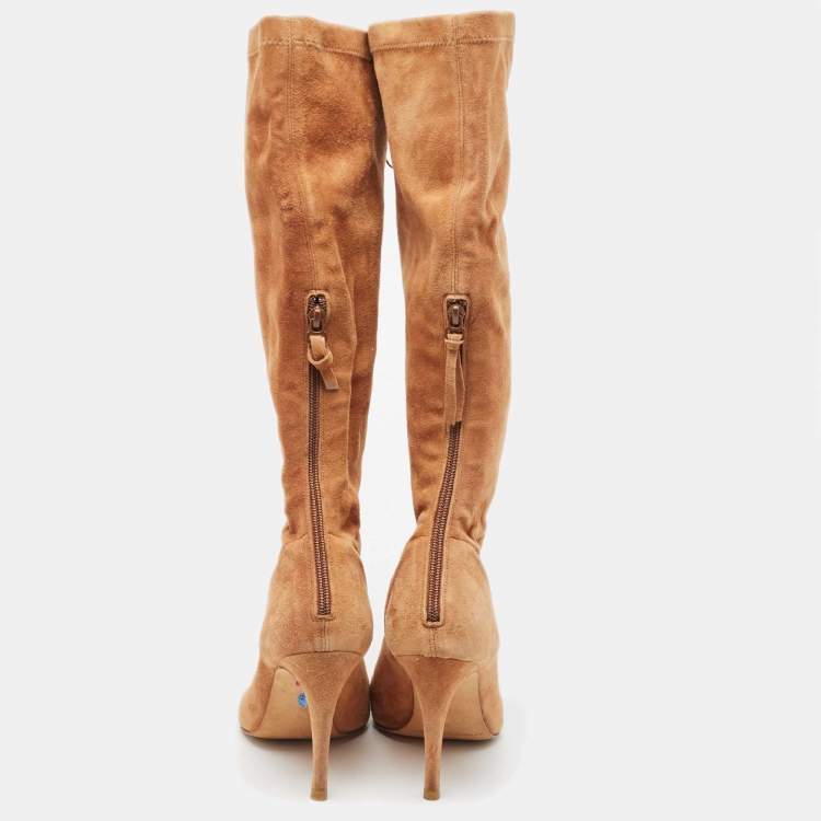 Pre Owned Carolina Herrera Tan Suede Lace Up Peep Toe Mid Calf Boots Size 38