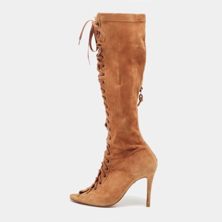 Carolina Herrera Tan Suede Lace Up Peep Toe Mid Calf Boots Size 38 Carolina Herrera TLC