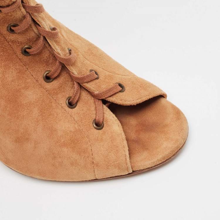 Pre Owned Carolina Herrera Tan Suede Lace Up Peep Toe Mid Calf Boots Size 38