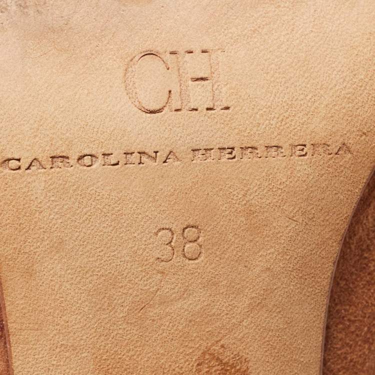 Pre Owned Carolina Herrera Tan Suede Lace Up Peep Toe Mid Calf Boots Size 38