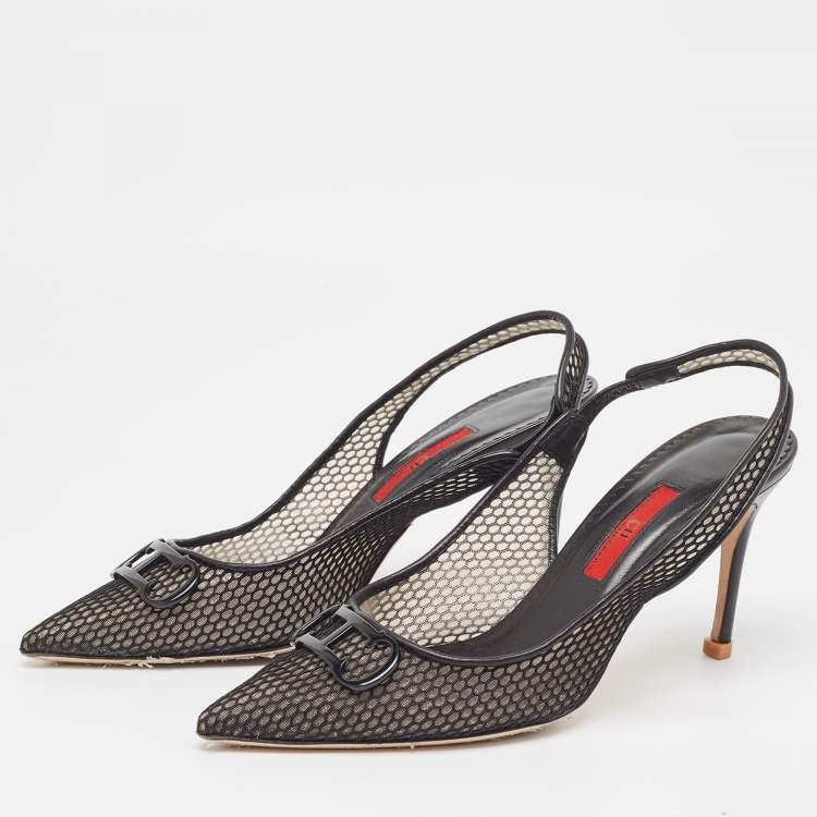 Pre Owned Carolina Herrera Black Mesh and Leather Initials Insignia Pumps Size 38