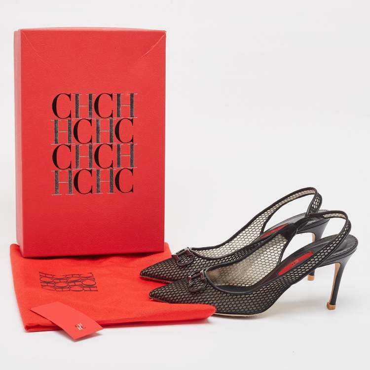 Pre Owned Carolina Herrera Black Mesh and Leather Initials Insignia Pumps Size 38