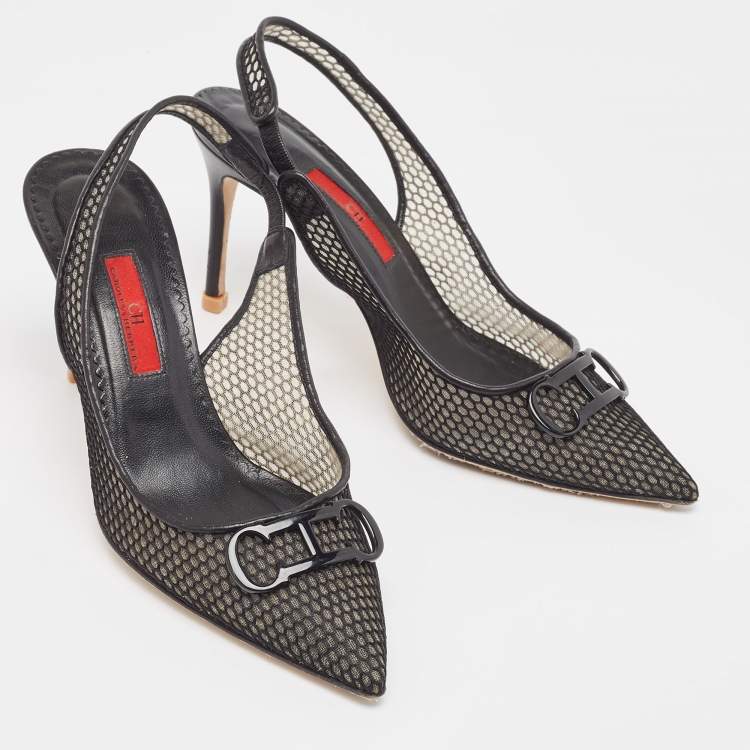 Pre Owned Carolina Herrera Black Mesh and Leather Initials Insignia Pumps Size 38