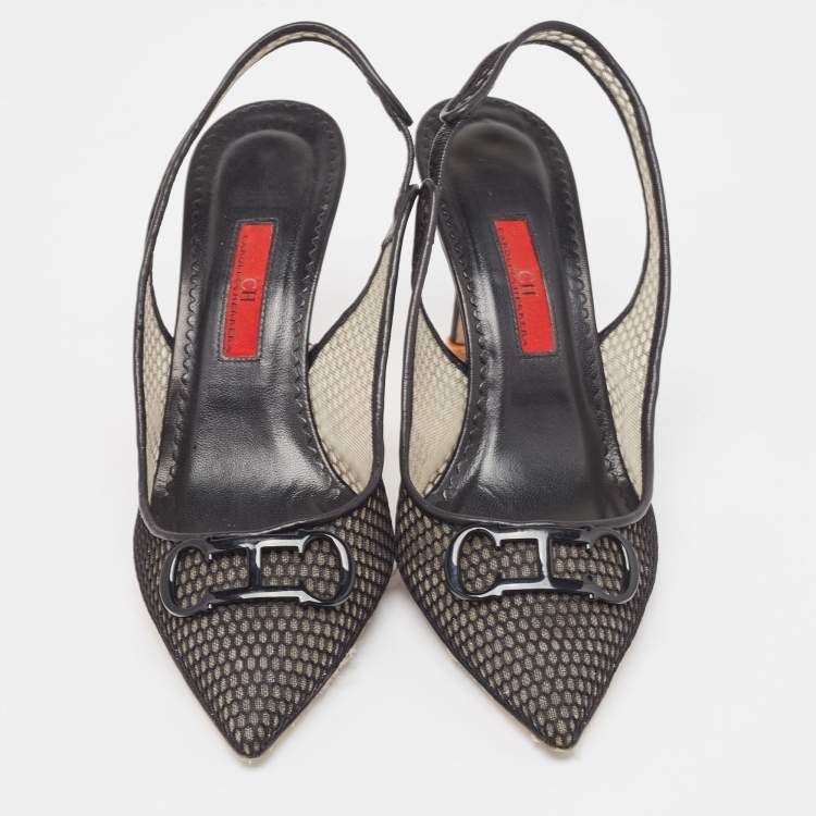 Pre Owned Carolina Herrera Black Mesh and Leather Initials Insignia Pumps Size 38