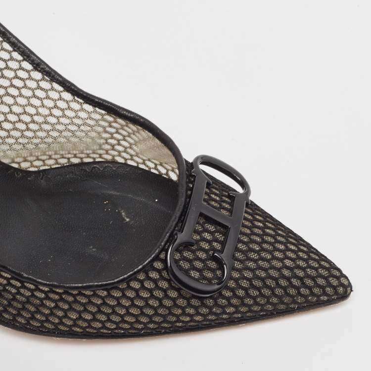 Pre Owned Carolina Herrera Black Mesh and Leather Initials Insignia Pumps Size 38