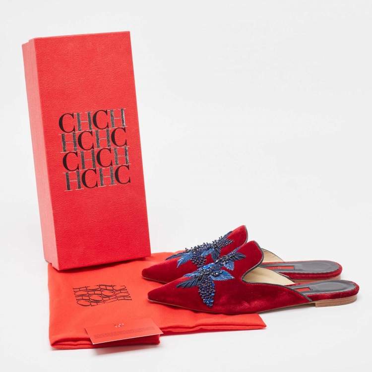 Pre Owned Carolina Herrera Burgundy/Blue Velvet Crystals Embellished Flat Mules Size 38