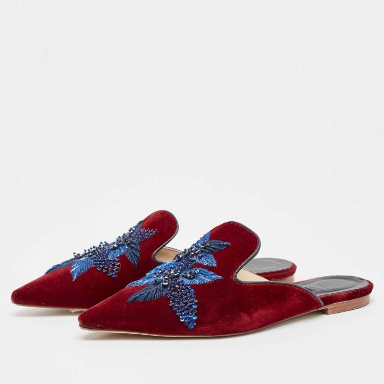 Pre Owned Carolina Herrera Burgundy/Blue Velvet Crystals Embellished Flat Mules Size 38