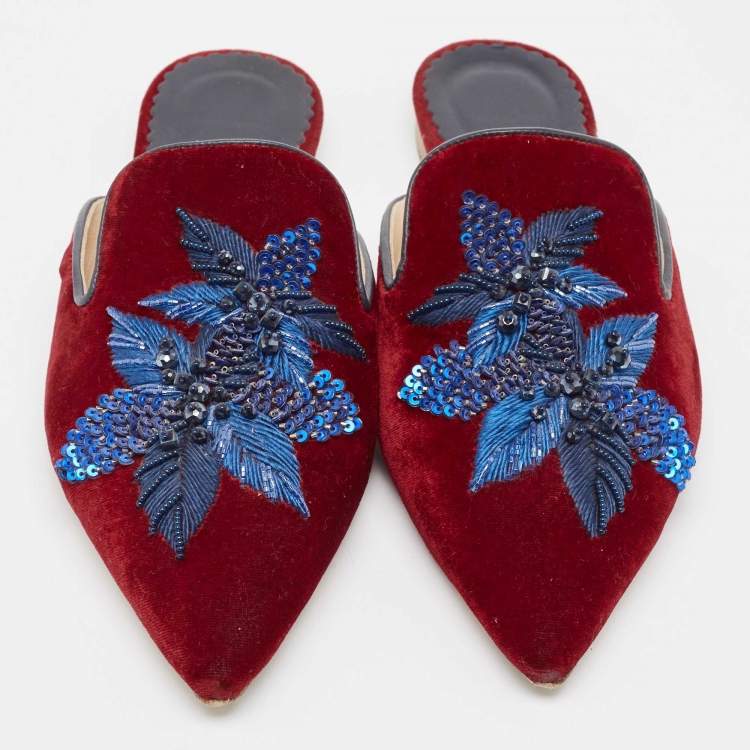 Pre Owned Carolina Herrera Burgundy/Blue Velvet Crystals Embellished Flat Mules Size 38