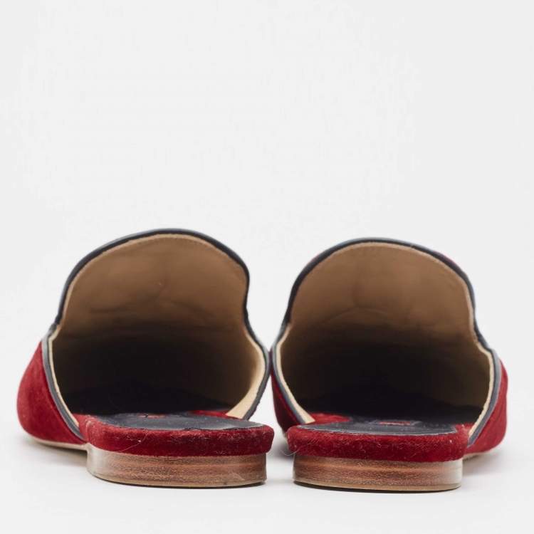 Pre Owned Carolina Herrera Burgundy/Blue Velvet Crystals Embellished Flat Mules Size 38