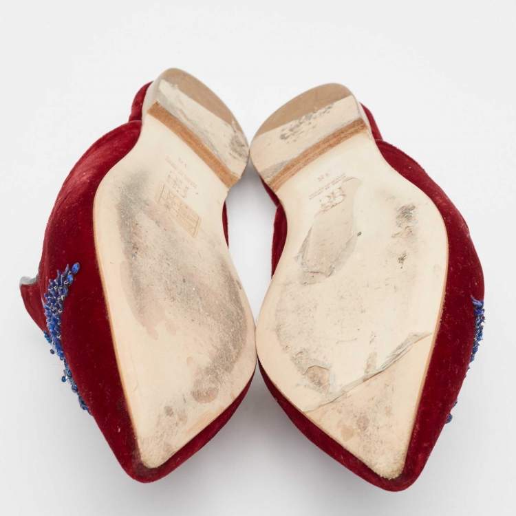 Pre Owned Carolina Herrera Burgundy/Blue Velvet Crystals Embellished Flat Mules Size 38