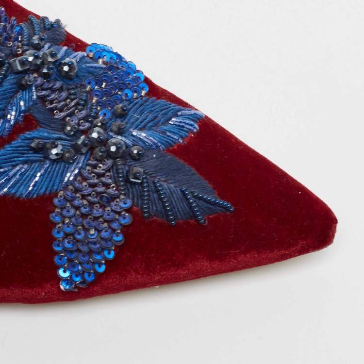 Pre Owned Carolina Herrera Burgundy/Blue Velvet Crystals Embellished Flat Mules Size 38