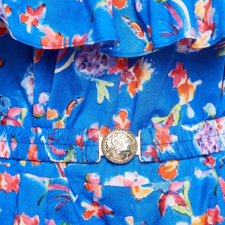 Pre Owned Caroline Constas Blue Printed Cotton Blend Ruffled Mini Dress M