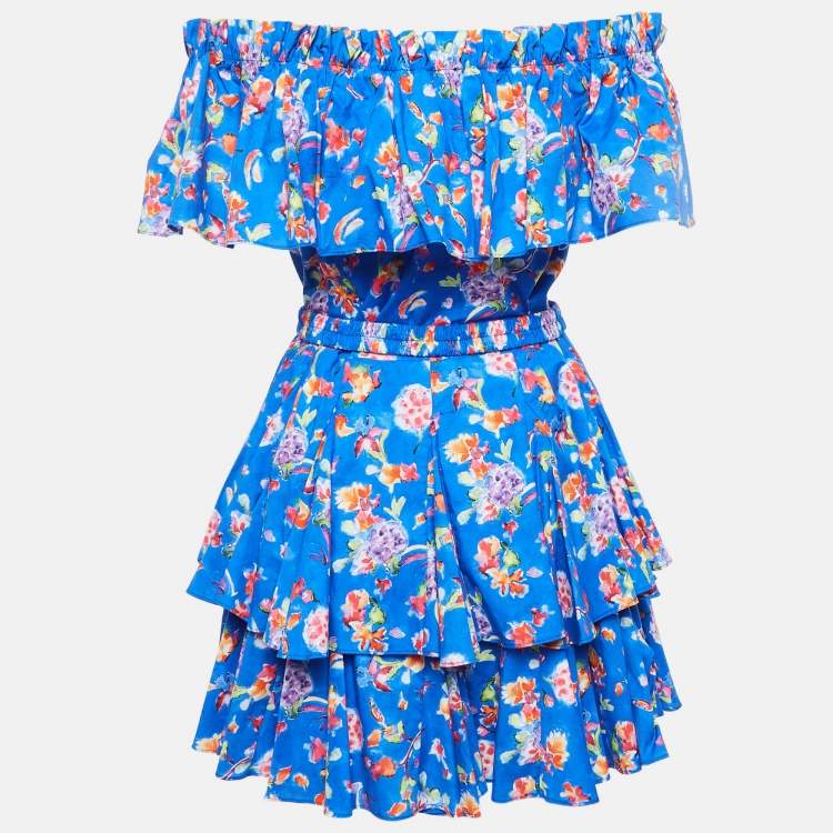 Pre Owned Caroline Constas Blue Printed Cotton Blend Ruffled Mini Dress M