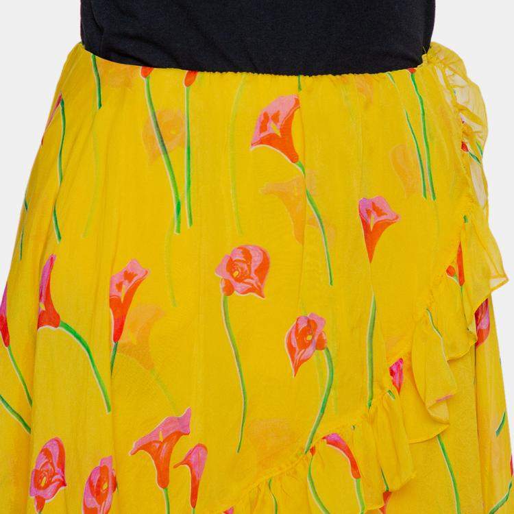مملوكة مسبقًا Caroline Constas Yellow Printed Silk Ruffled Asymmetric Hem Adelle Midi Skirt M
