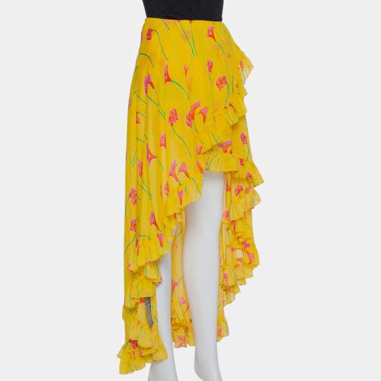 مملوكة مسبقًا Caroline Constas Yellow Printed Silk Ruffled Asymmetric Hem Adelle Midi Skirt M