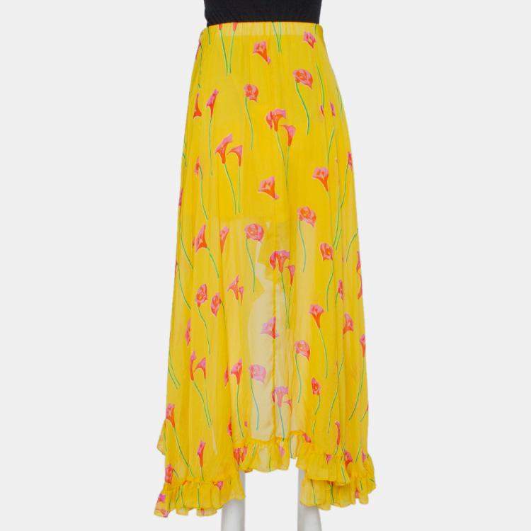 مملوكة مسبقًا Caroline Constas Yellow Printed Silk Ruffled Asymmetric Hem Adelle Midi Skirt M
